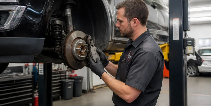 Technician inspecting car brake system at ASAP Automotive & Transmission.