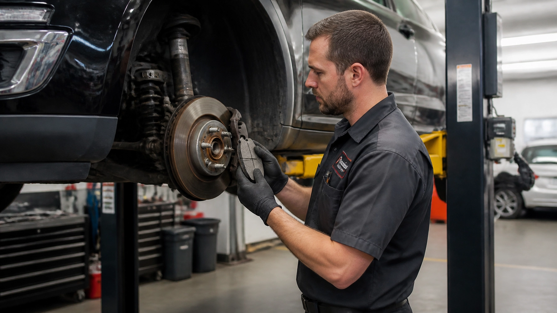 Technician inspecting car brake system at ASAP Automotive & Transmission.