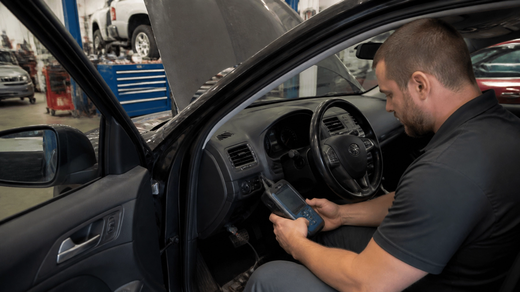 Automotive technician using diagnostic scanner in car interior.