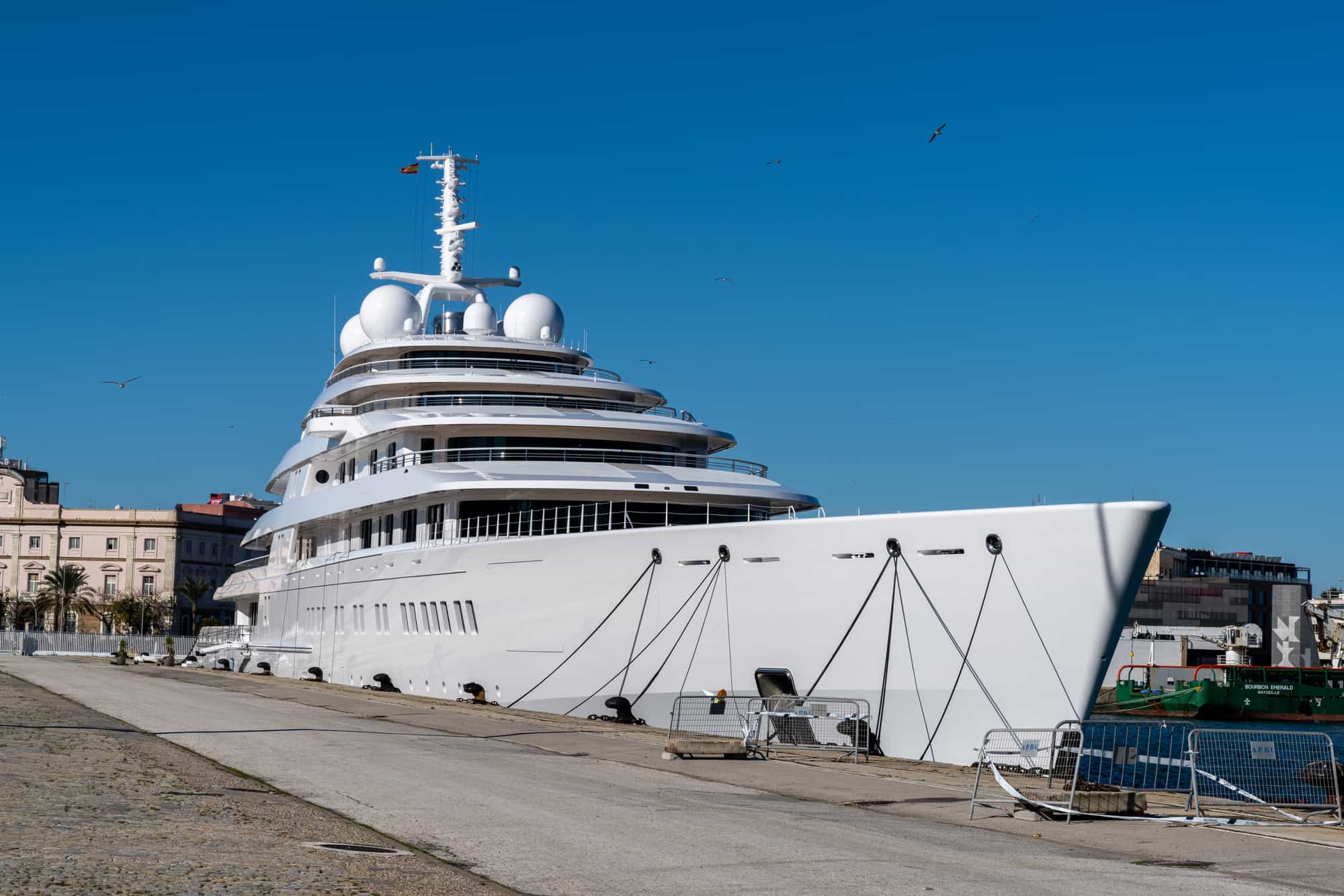 Cadiz, Spain - 16 January, 2021: the United Arab Emirates presidential megayacht "Azzam" in the Cadiz harbor