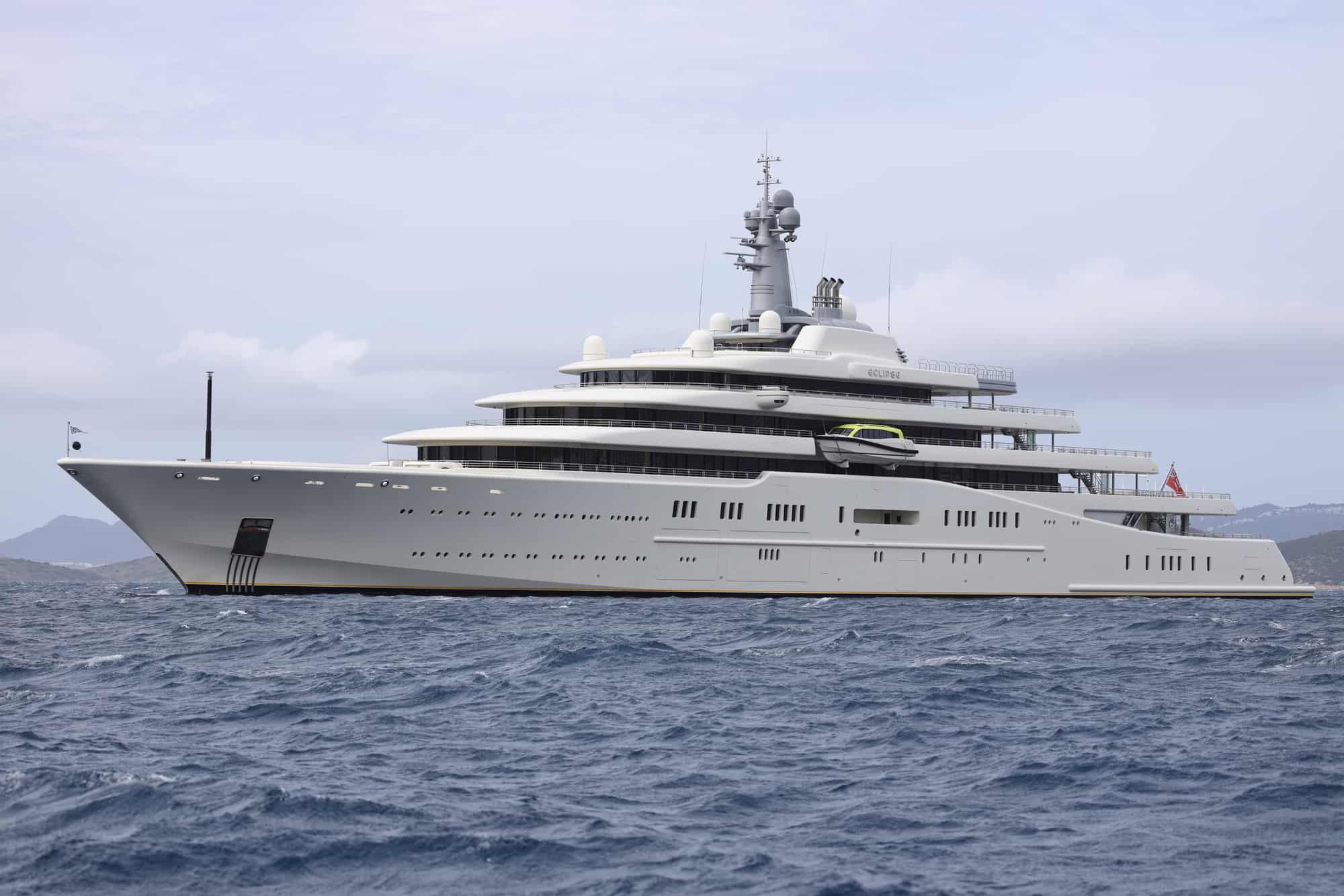 Bodrum, Turkey, 02 April 2023: The giant superyacht Eclipse, owned by Russian businessman Roman Abramovich, anchored in Bodrum's