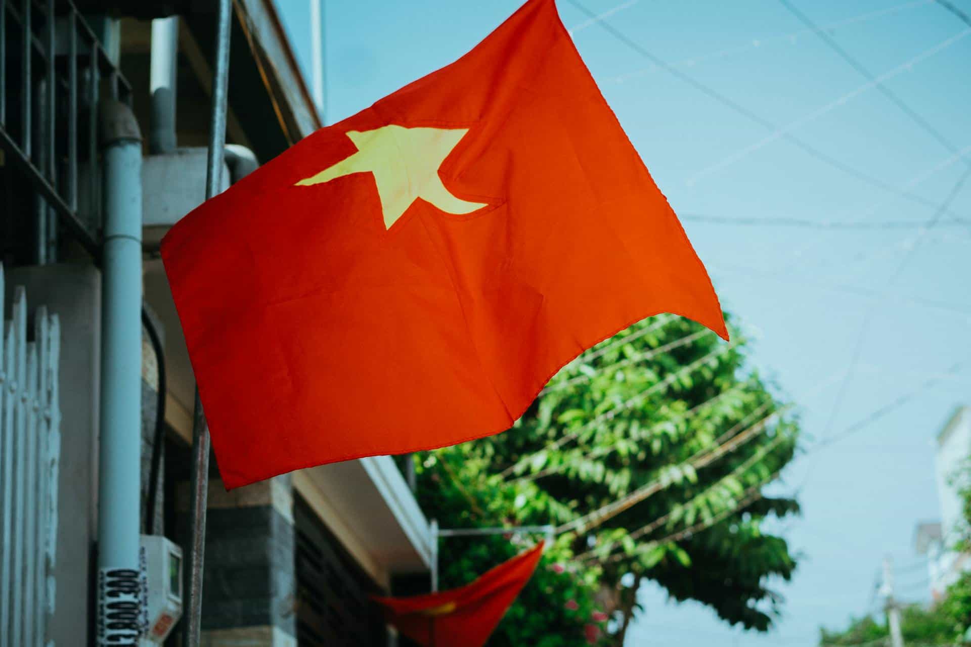 Close-up of a Flag of Vietnam Attached to a Building