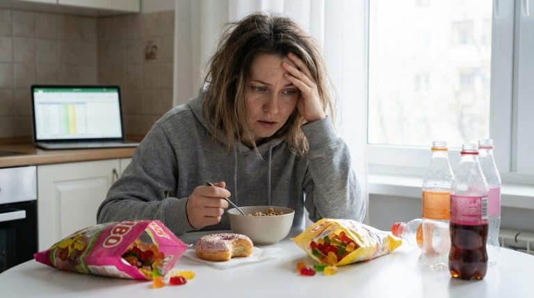 Image of a woman eating too much sugar and stressing
