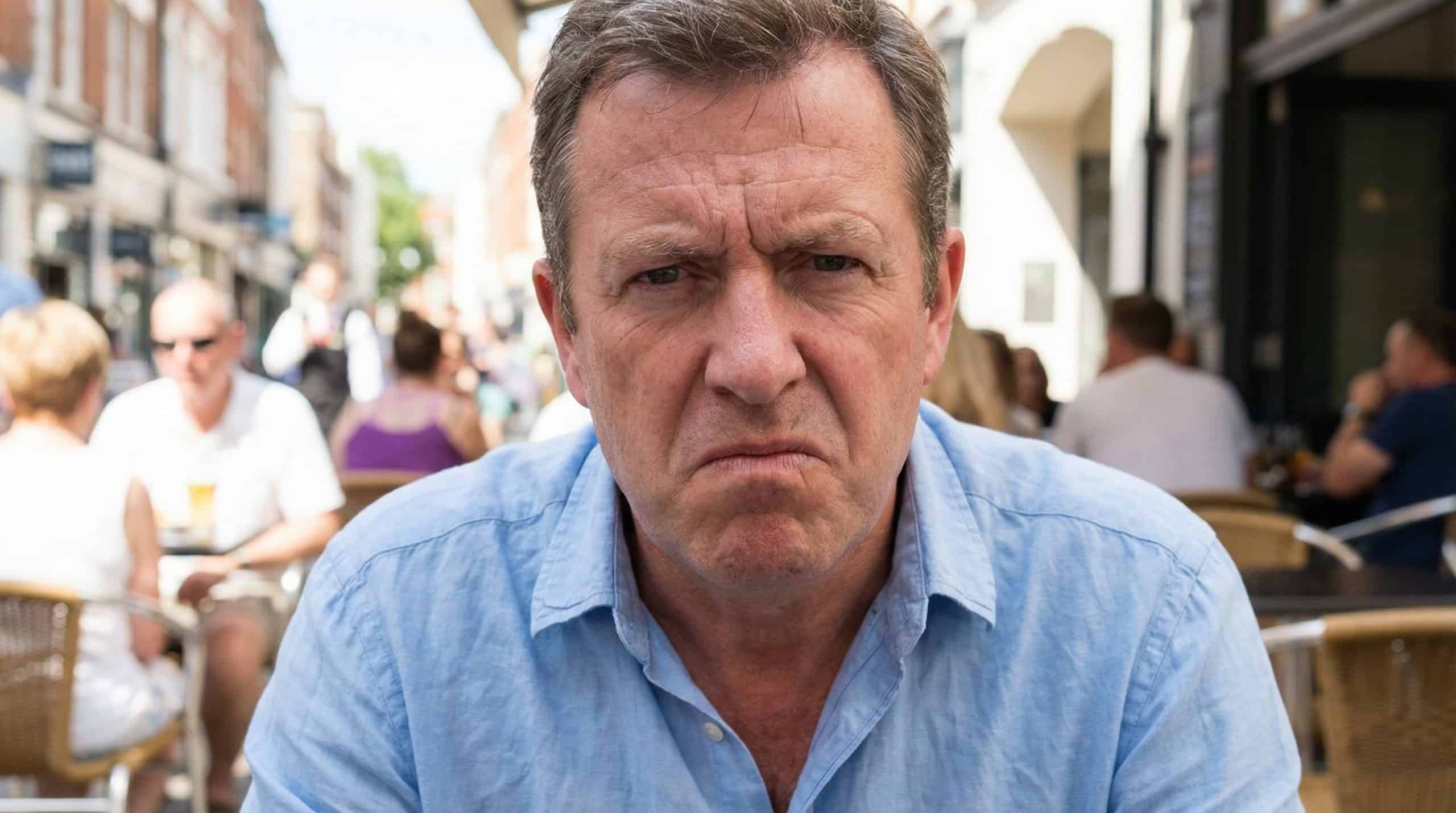 Image of a british man, close-up, annoyed and upset. bright image, light bright colours.