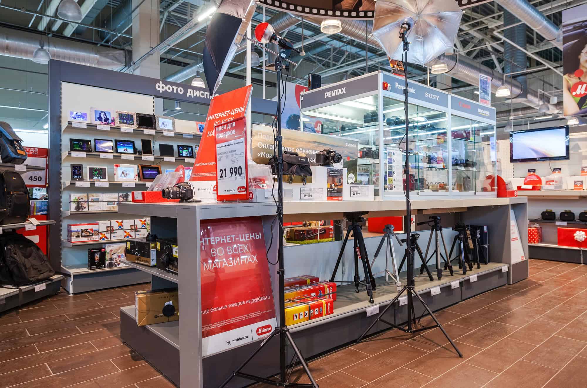 SAMARA, RUSSIA - JANUARY 24, 2015: Interior of the electronics shop M-Video. Is the largest Russian consumer electronic retail chain