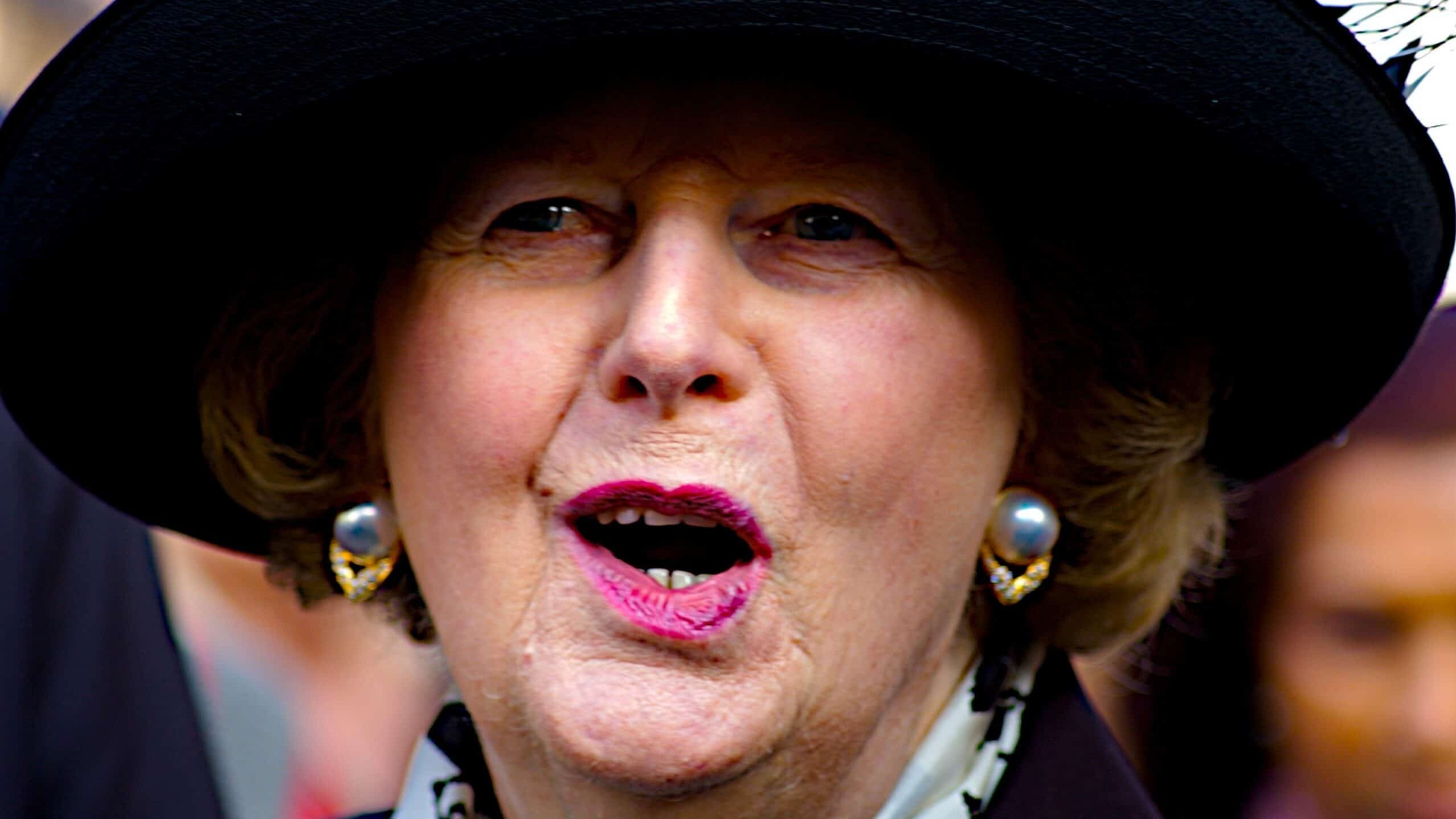 Photo of Margaret Thatcher mid-sentence