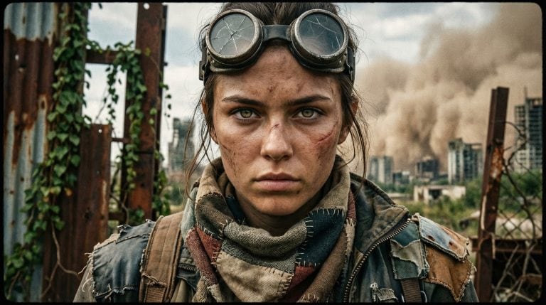 a post-apocalyptic world. Close-up of a young woman.