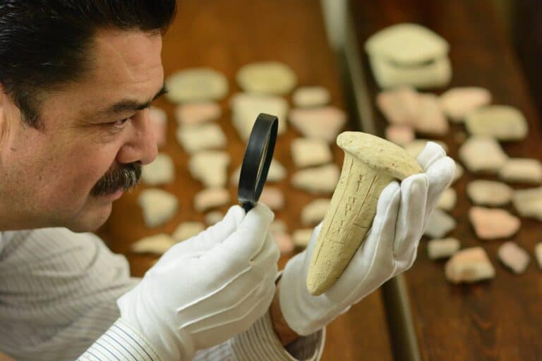 Archeologist looking closely at artifact using a magnifying glass