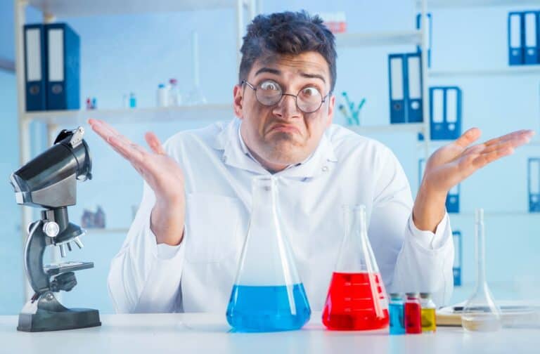 The funny mad chemist working in a laboratory