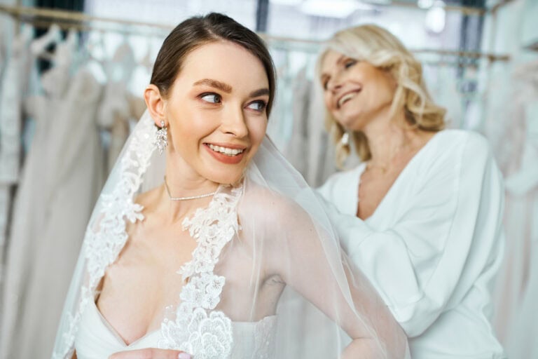 A young brunette bride in a wedding dress
