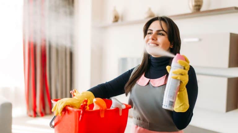 Maid in uniform sprays air freshener in hotel room