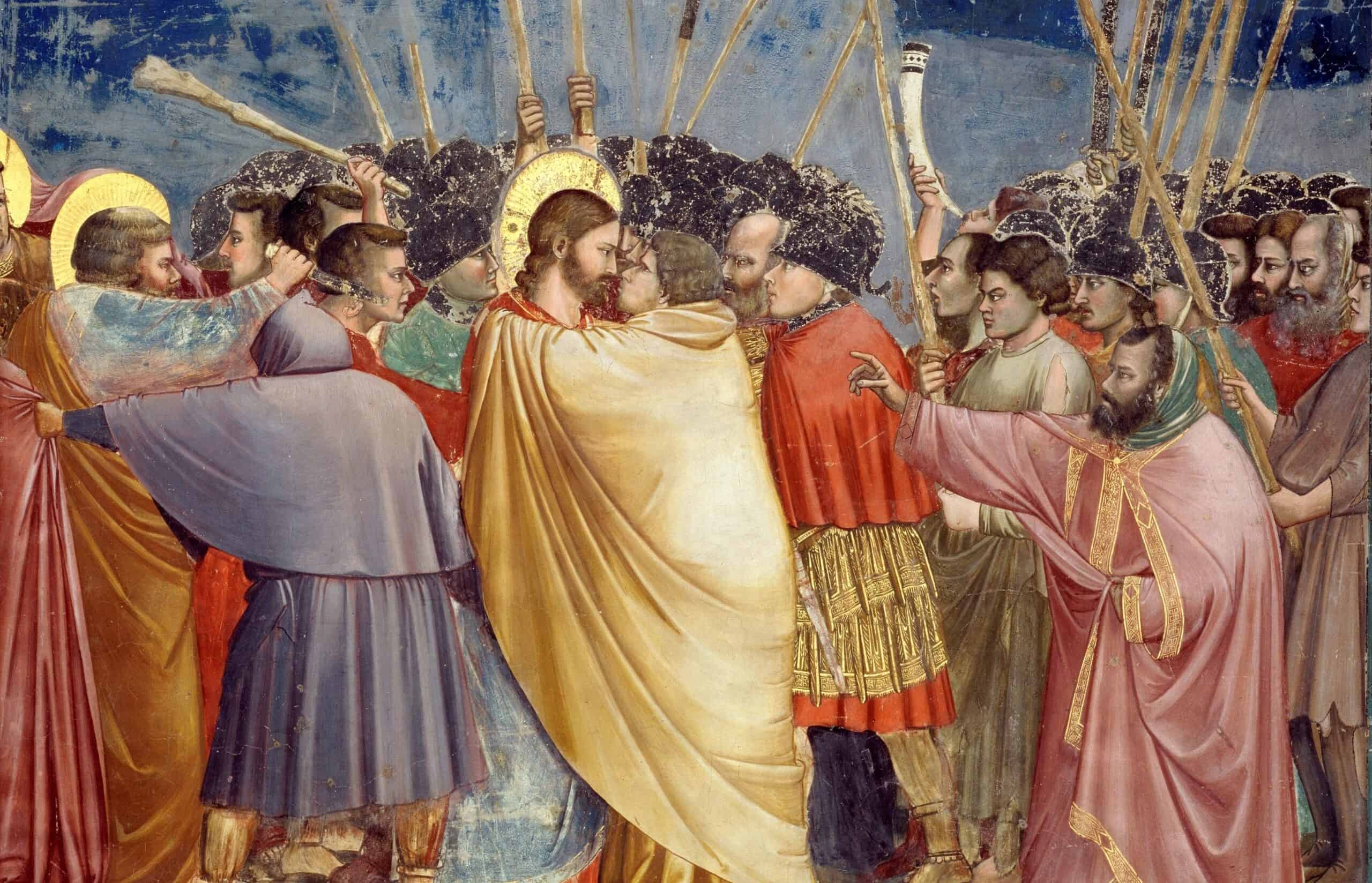Painting of Judas betraying Jesus with a kiss.