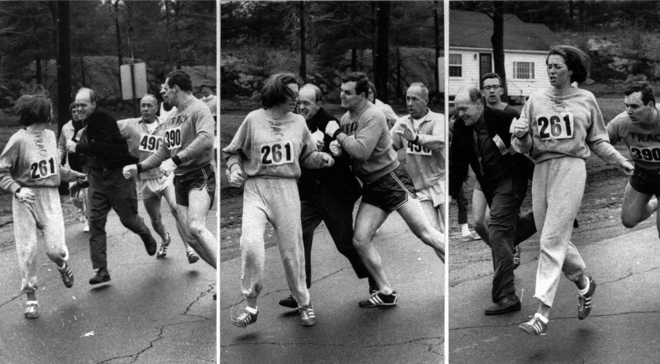 Runner Kathrine Switzer attacked by race official Jock Semple while running in the 1967 Boston Marathon