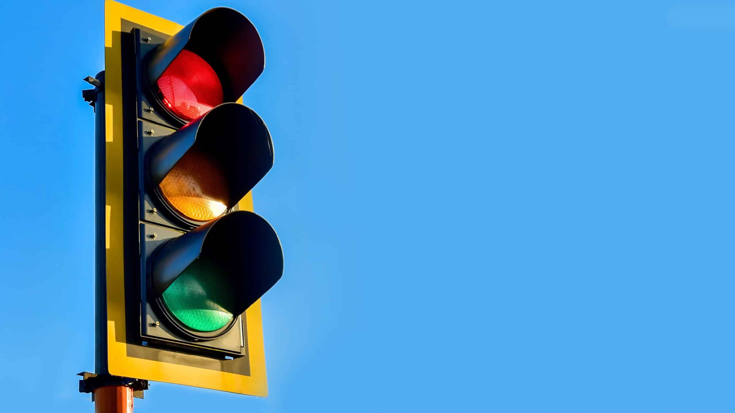 Traffic light on a city street, In blue skies, Copy space for text