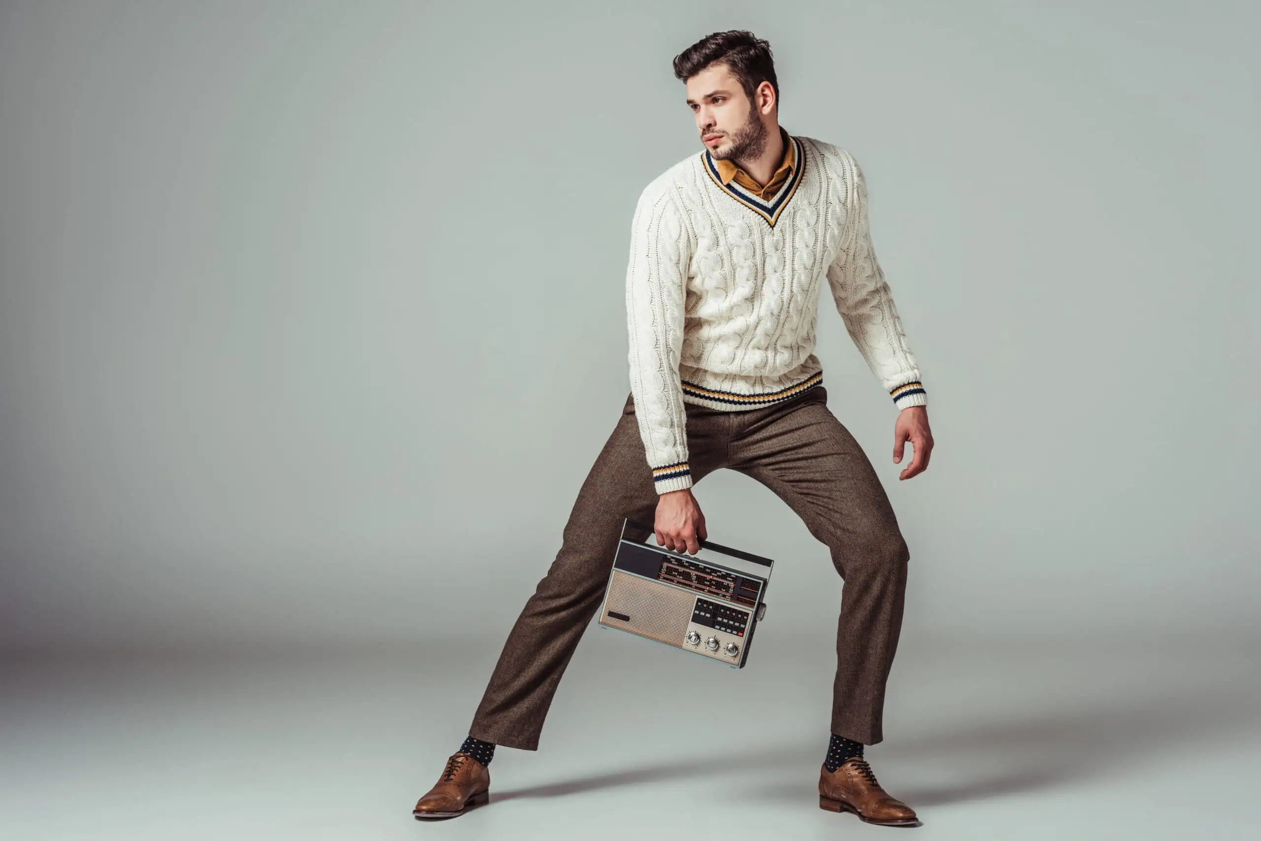 Retro Styled Handsome Man Vintage Radio Grey — Free Stock Photo Free Remove BG Save Share Sample Retro styled handsome man with vintage radio