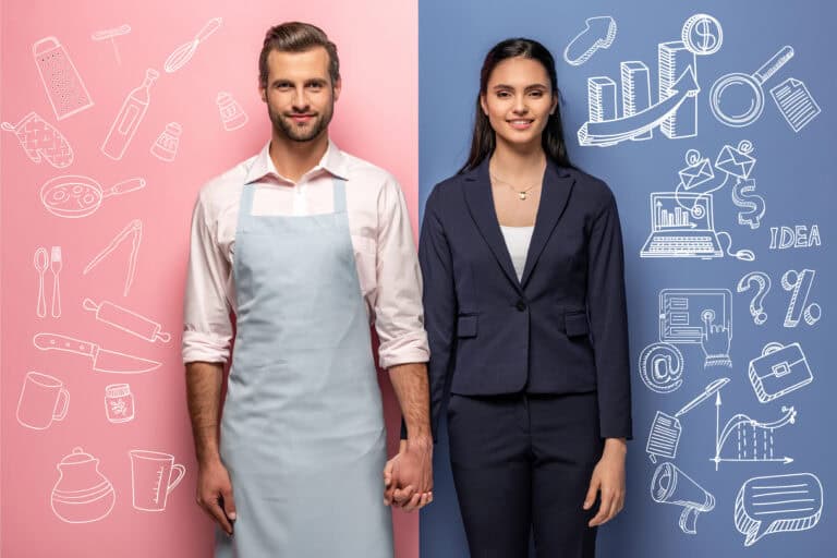 Smiling man in apron and businesswoman holding hands on blue and pink