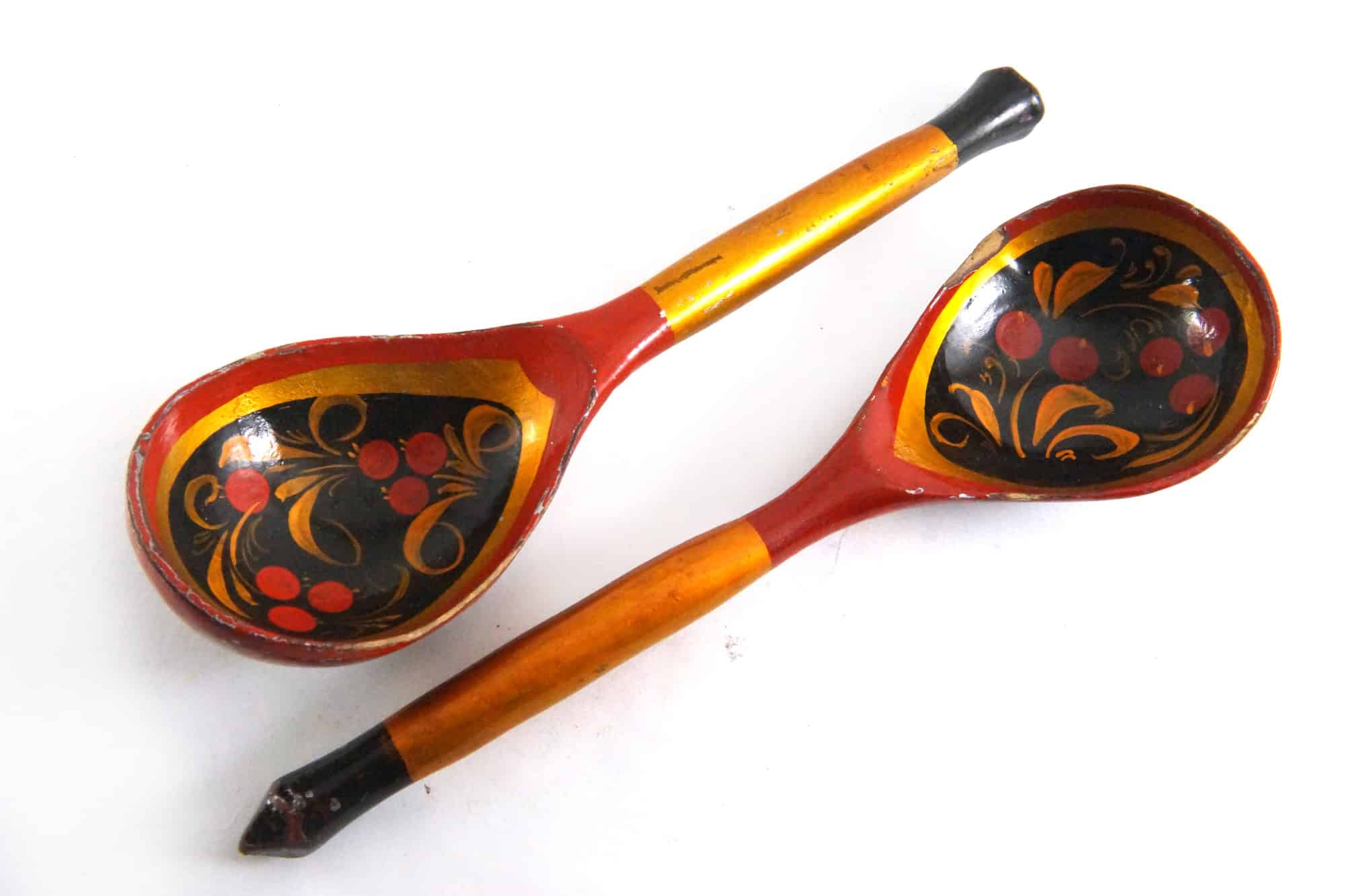 Vintage two wooden spoon, two painted spoons