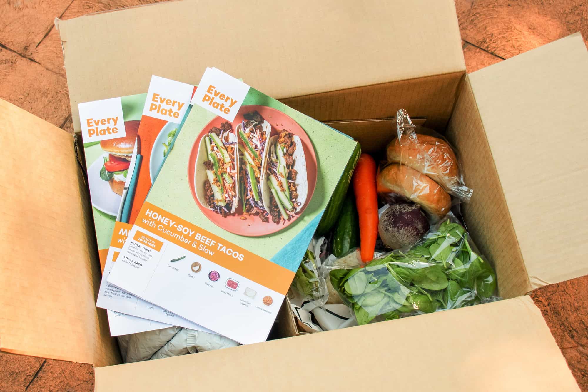 Sydney, Australia 2021-07-17 Every plate meal kit in a cardboard box. EveryPlate is actually owned by HelloFresh and was launched in 2018 as a lower-cost alternative.