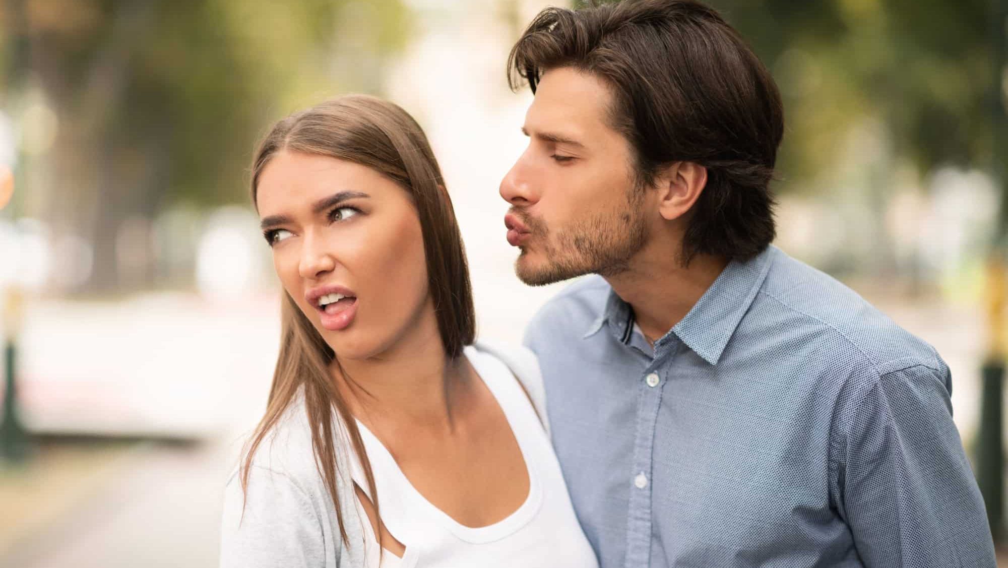 Disgusted Woman Rejecting To Kiss Man Having Bad Date