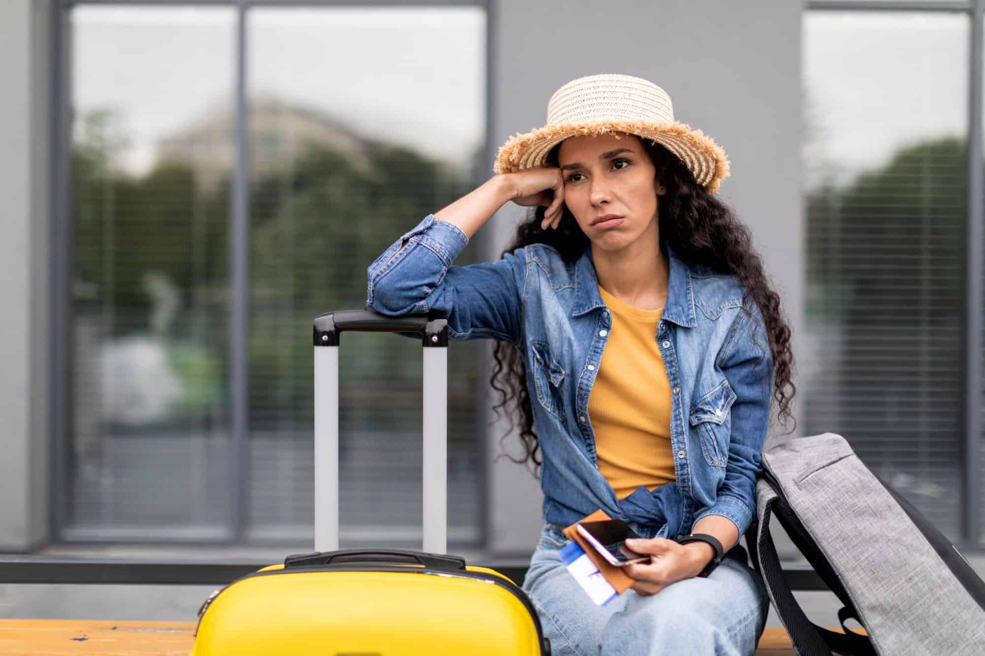 Canceled or delayed flight, difficulties while travelling. Upset young woman tourist waiting for flight at airport, holding documents, phone, touching her head, feeling stressed, looking at copy space