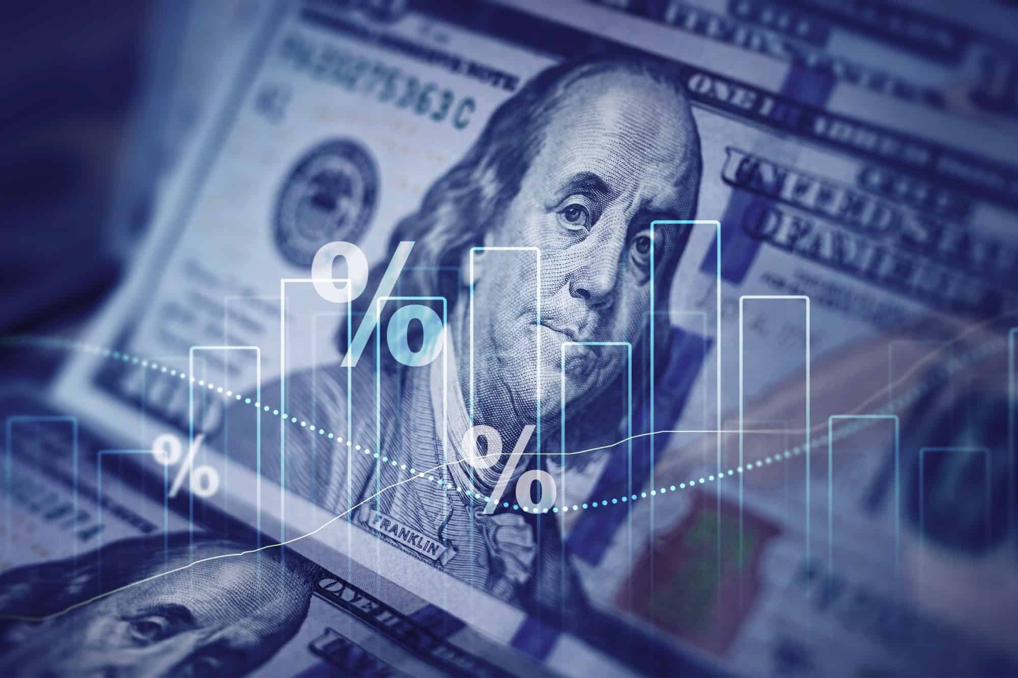 Interest rates continue to increase, stocks and mutual funds, investment for retirement.Interest rate and dividend.Percentage symbol and growth arrow.