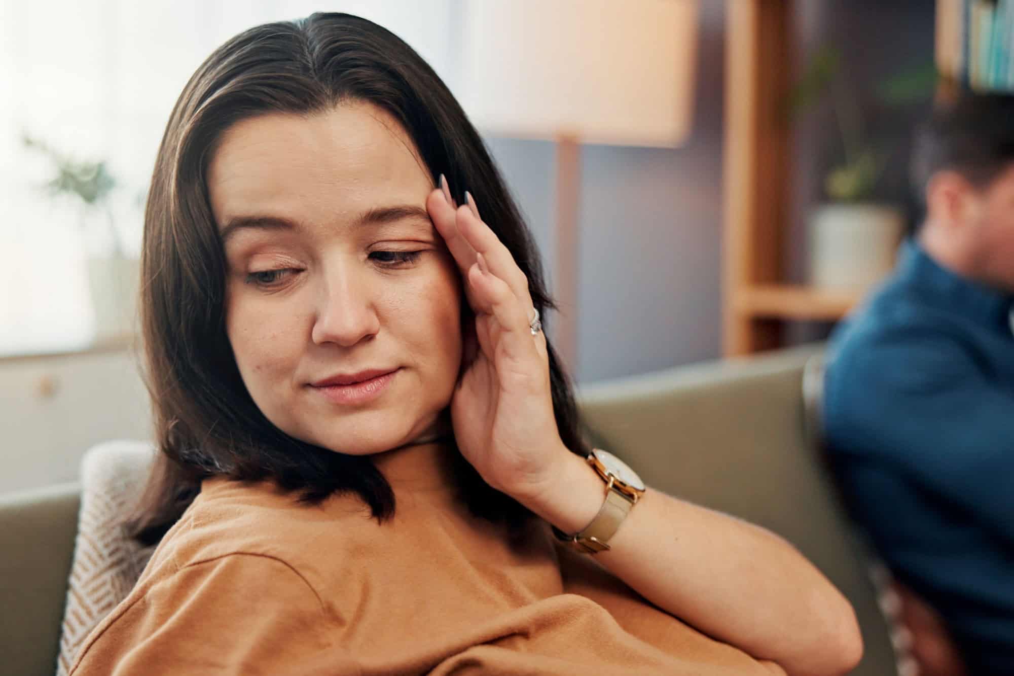 Fight, ignore and couple on sofa in home upset for argument, tension and conflict for no communication. Dating, living room and unhappy woman with man with problem, issue and crisis for relationship