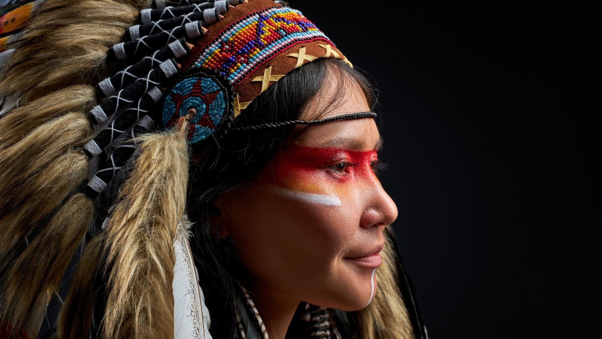 Native American woman hat with feathers, accessories Bohemians and Boho. isolated black background