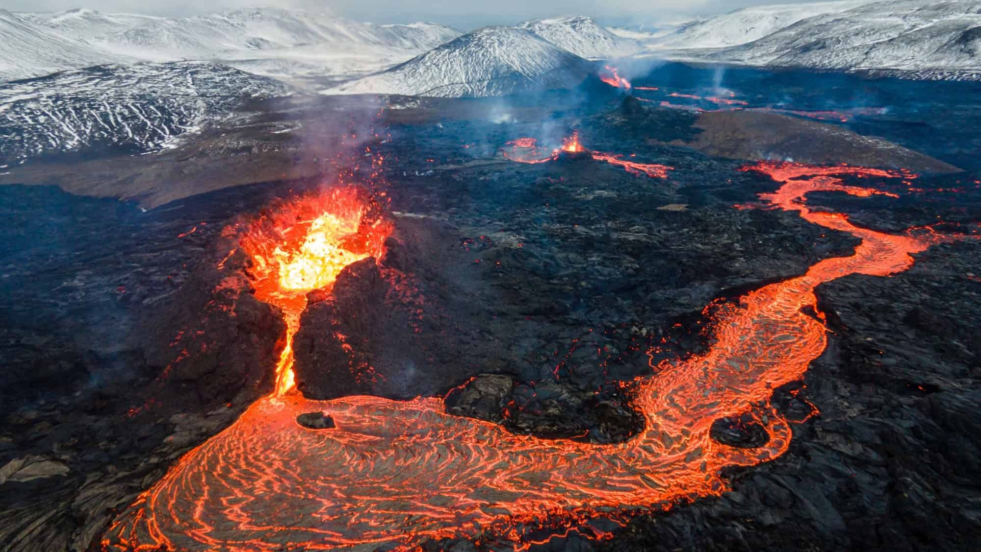 Lava Flows on active volcano aerial view, Mount Fagradalsfjall, Iceland