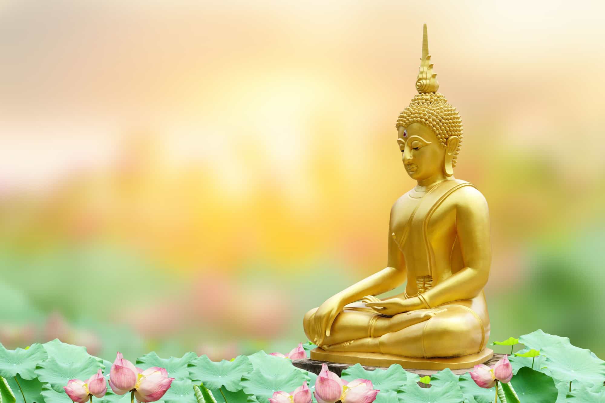Makha Asanaha Visakha Bucha Day Golden Buddha image. Background of Bodhi leaves with shining light. Soft image and smooth focus style