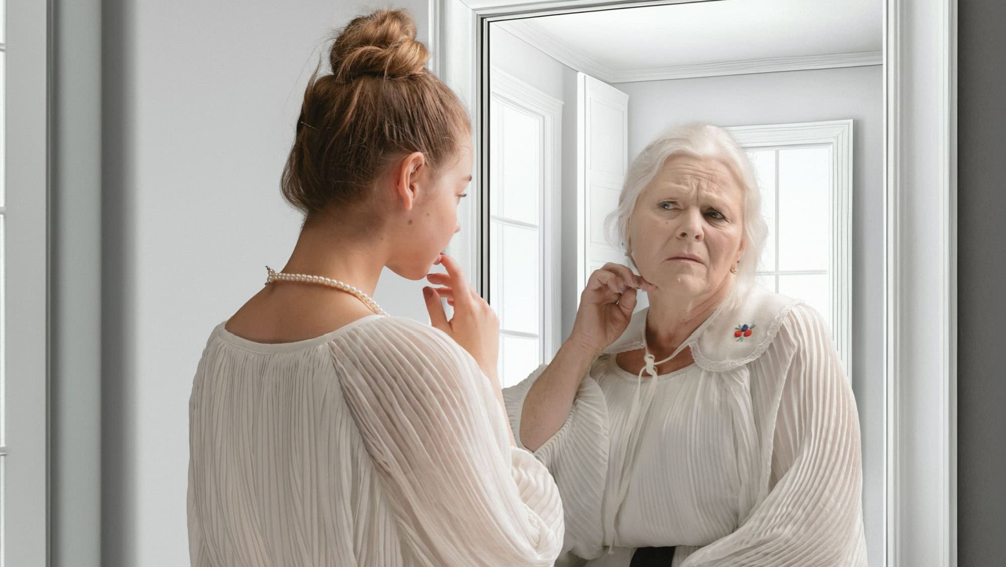 Creative conceptual collage. Young girl looking in mirror with older reflection of herself. Emotions and feelings. Look in future. Concept of present, past and future, age, lifestyle, generation, ad