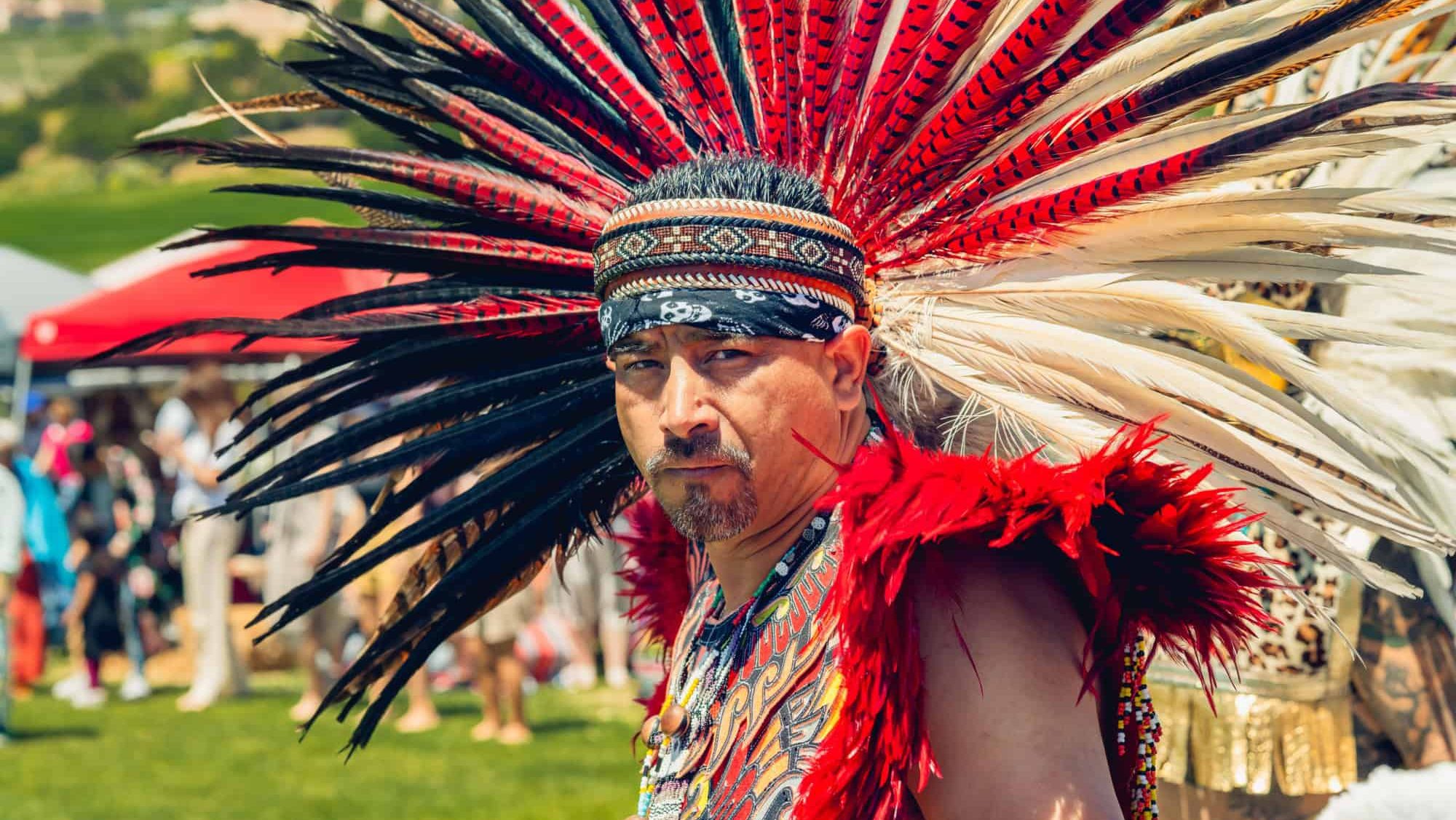 Portrait of Native American Man in Full Regalia. 2019 21st Annual Chumash Day Powwow and Intertribal Gathering, Malibu, California, April 13, 2019