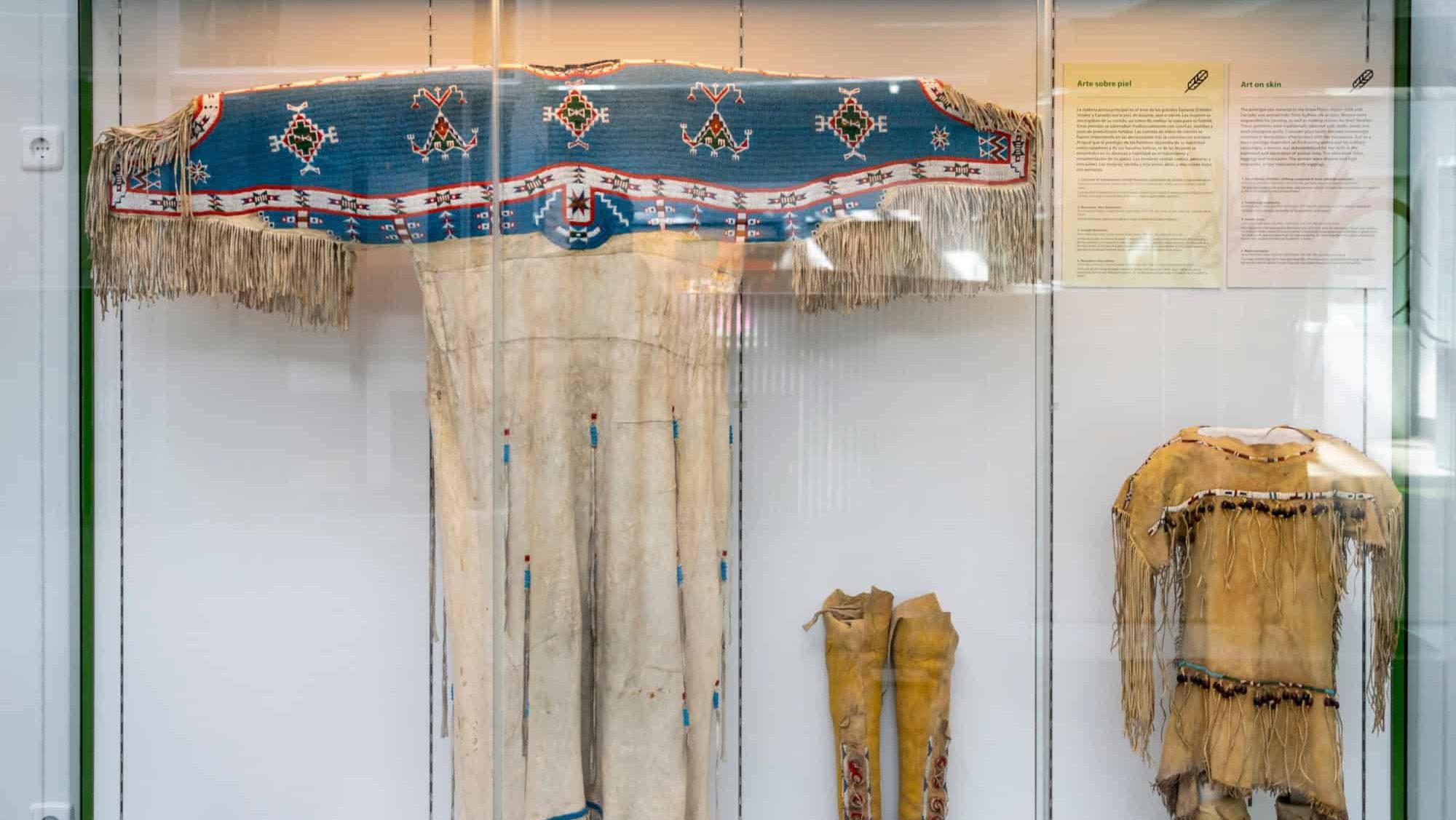 Native American Indian female dress, Lakota culture (Teton Sioux), Great Plains USA, 1900-1923, skin, glass beads, thread, Anthropology National Museum, Madrid, Spain