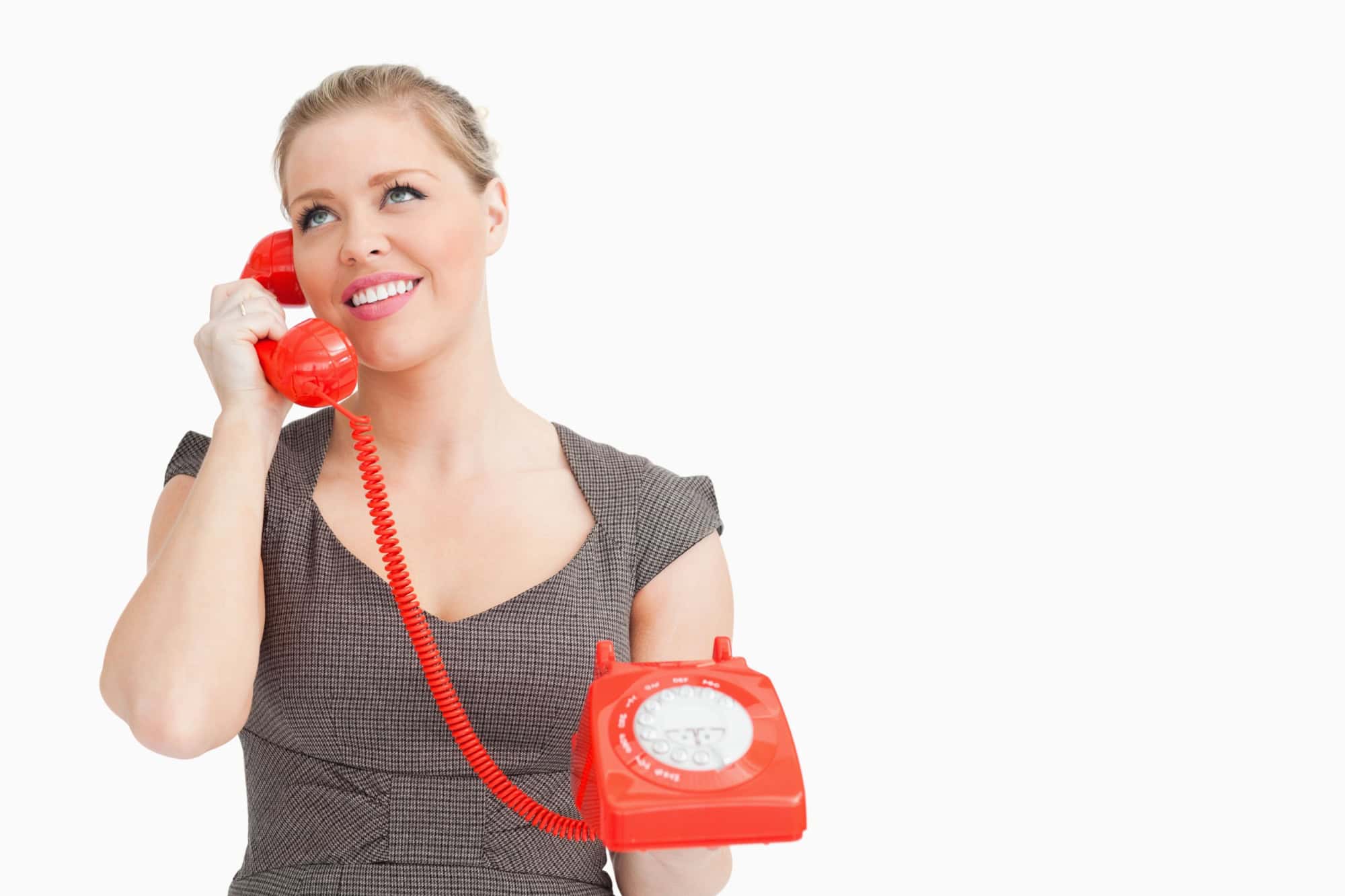 Woman calling with someone at the phone against white background