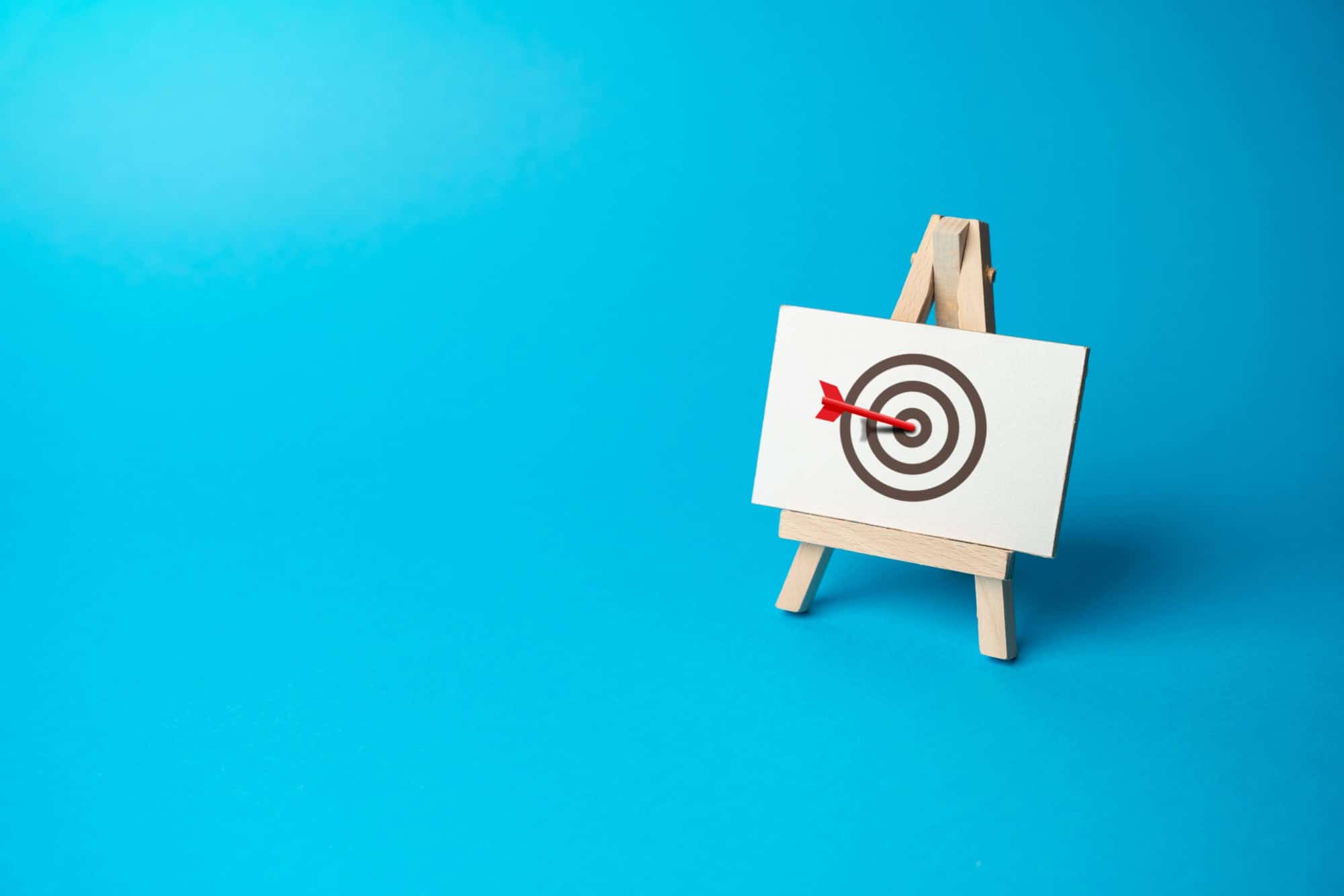 The red arrow hits the center of the target. Right on target on the first try. Advertising, marketing and targeting. Clear and specific goals. Accurate decisions. Archery. Striving for excellence