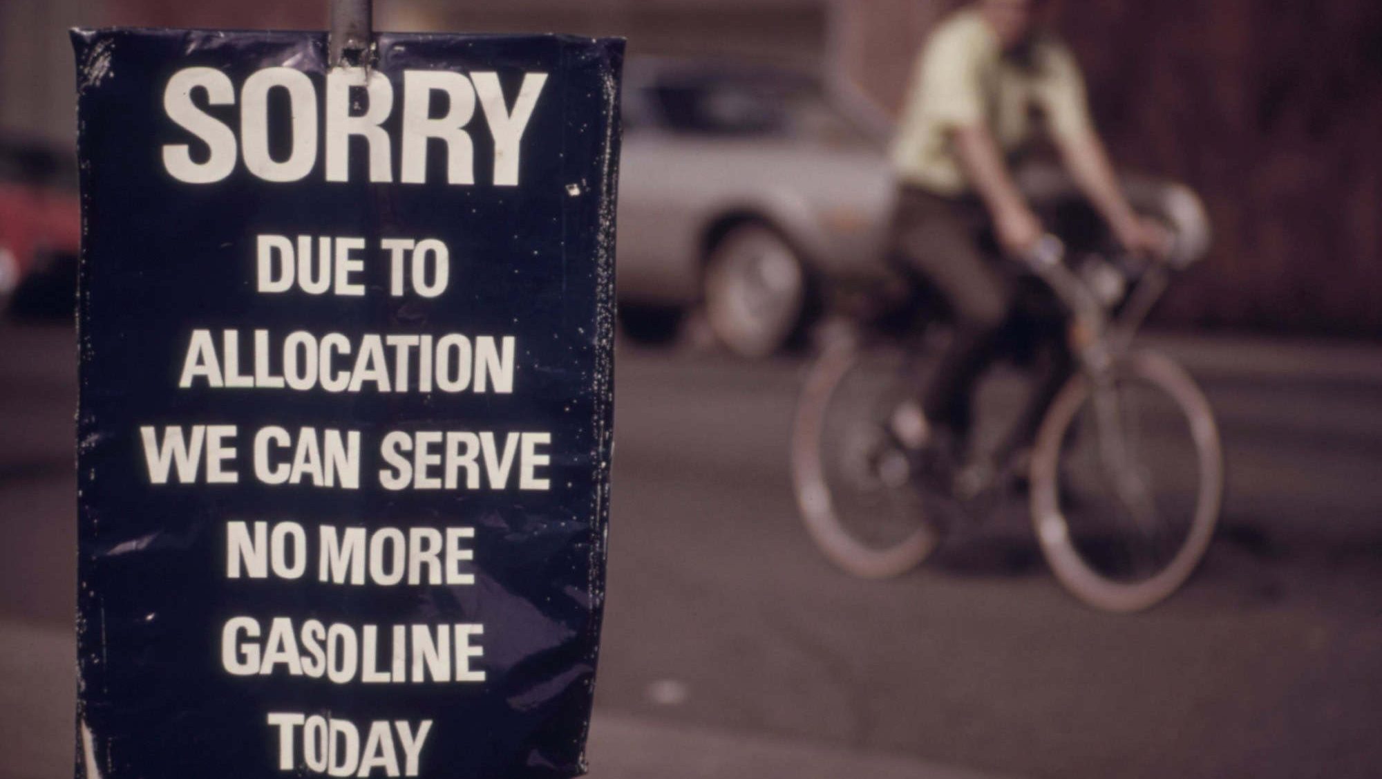 Sorry. Due to allocation we can serve no more gasoline today ' April 1974 when OPEC oil cartel lifted its embargo on sales to Israel's allies during the Yom Kipper War. Ca. 1973-75.