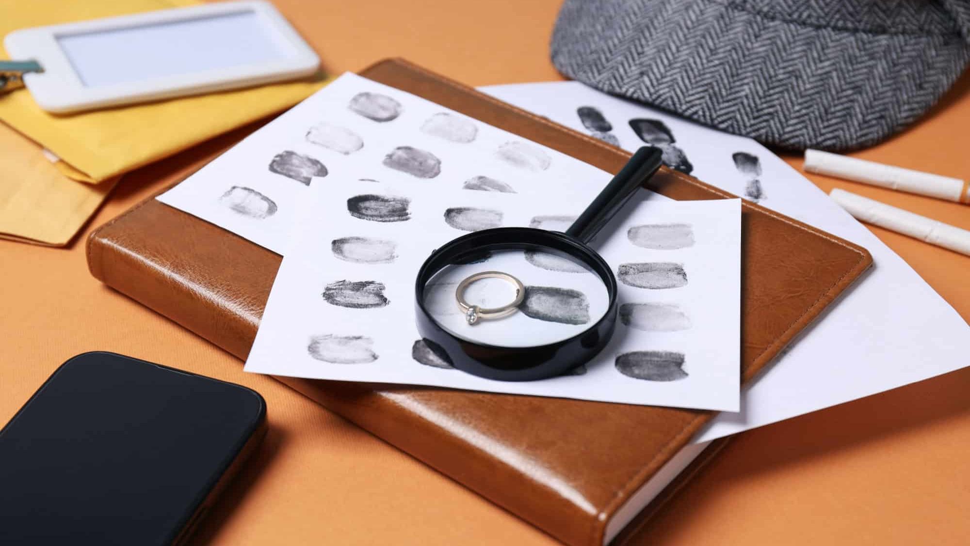 Magnifying glass with hat, fingerprints and cigarettes