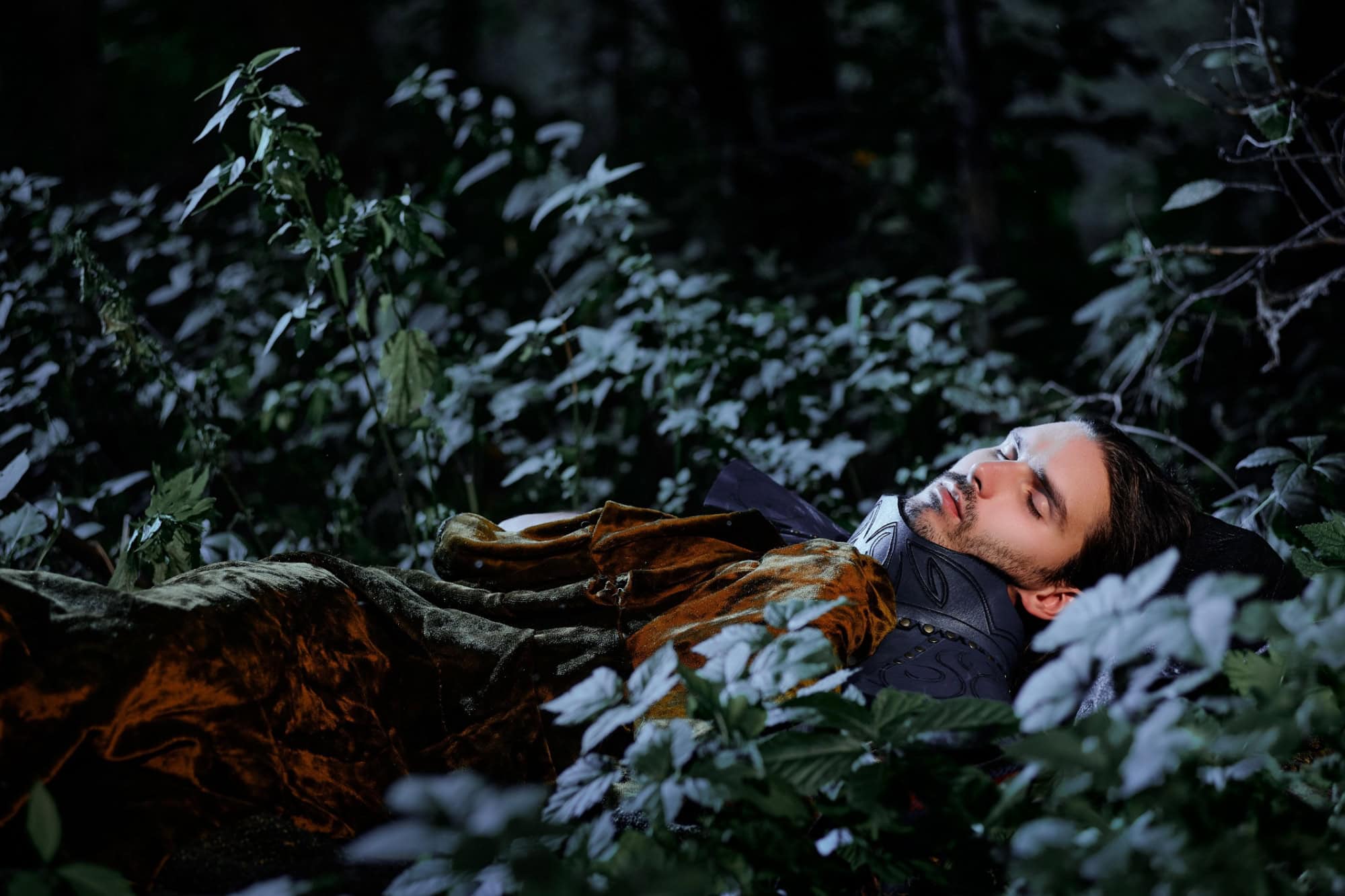 A man dressed in an ornate period costume lays peacefully amidst lush green vegetation in a nighttime forest