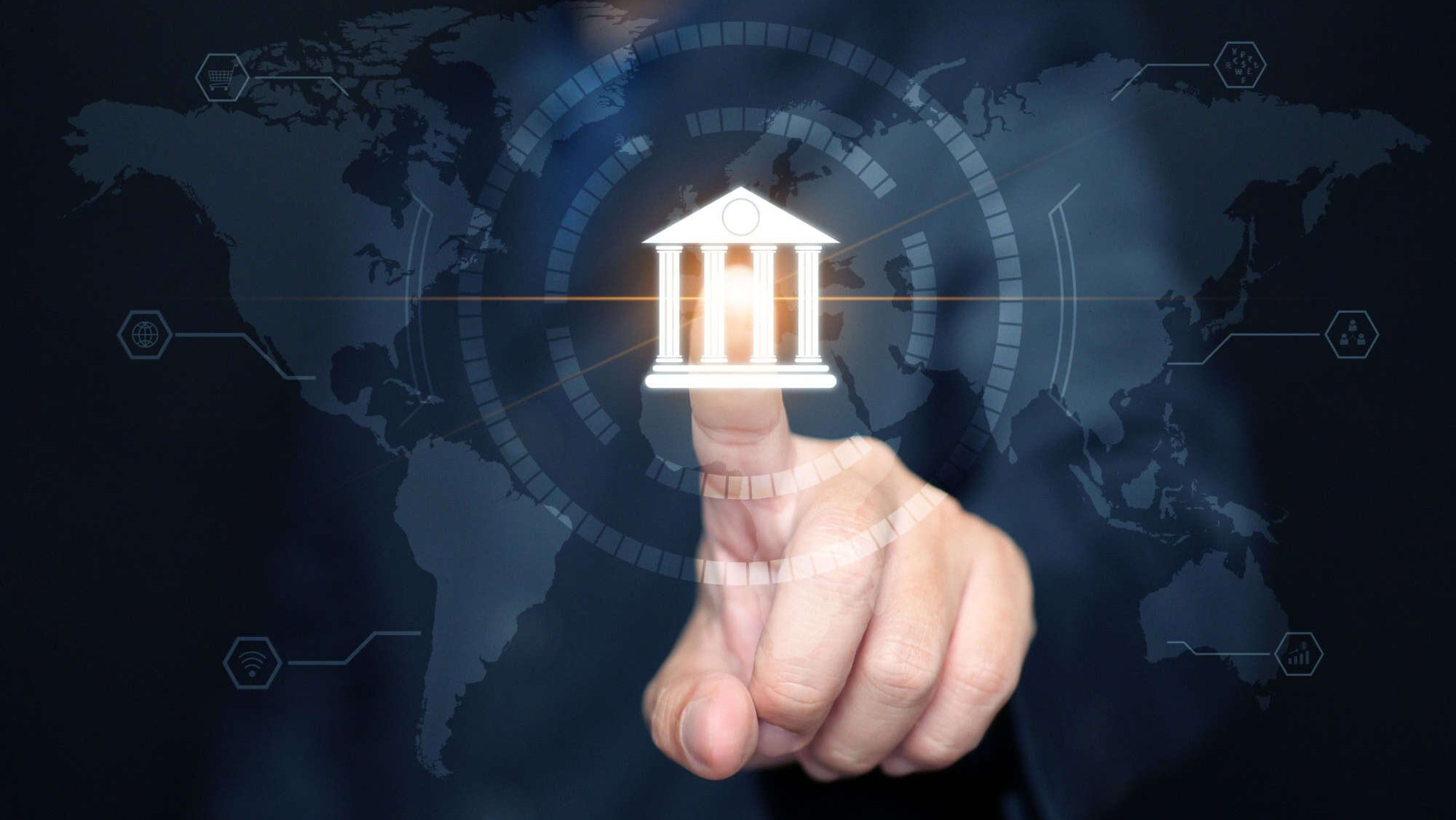 Online digital banking and financial technology concept: A man taps on bank icon to accesses mobile transactions worldwide