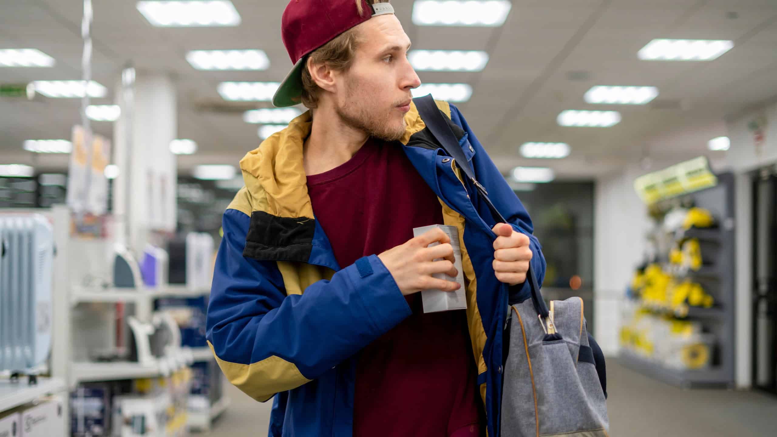 Shoplifter in the electronic store supermarket stealing new gadget