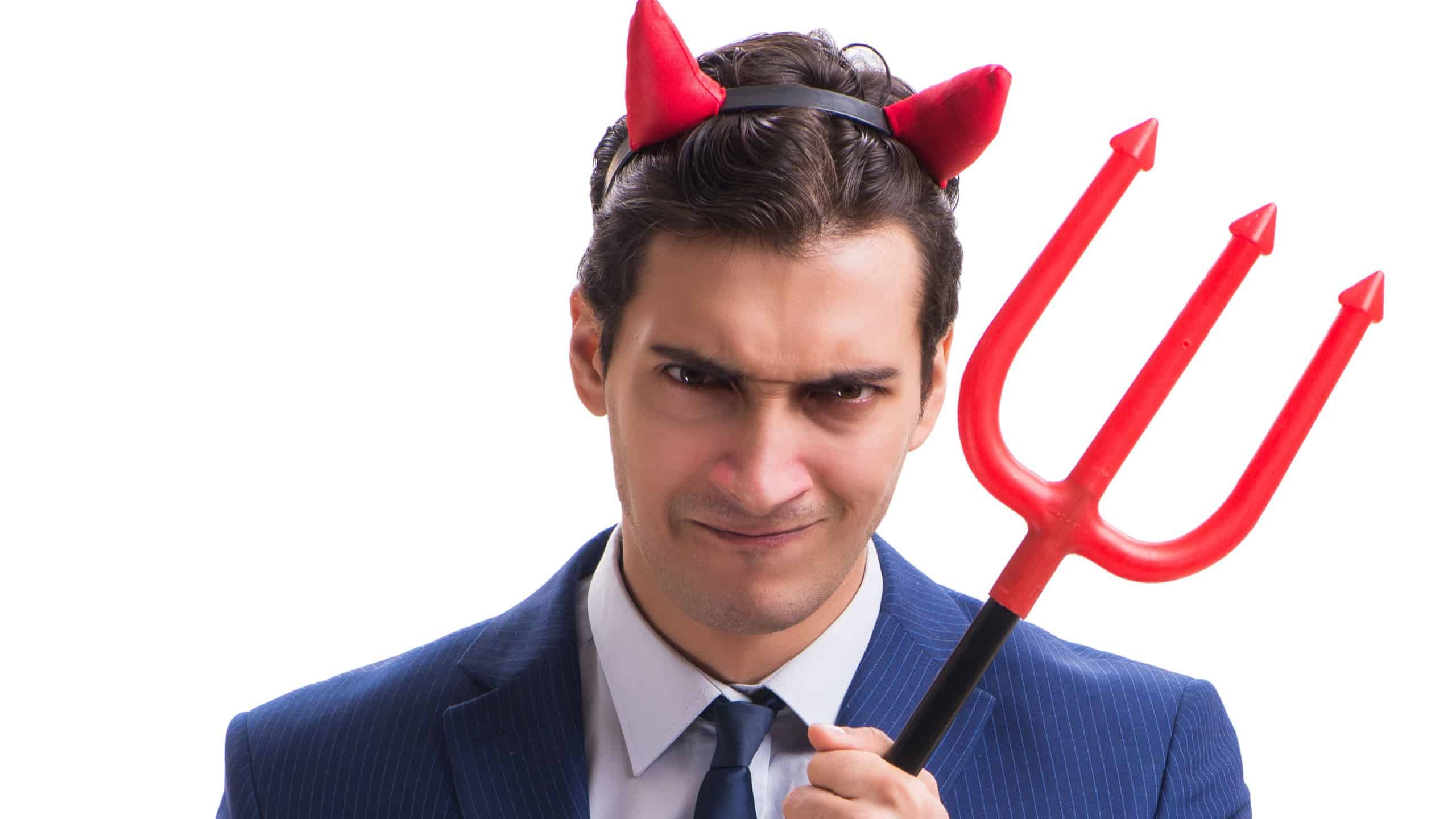Evil devil businessman with pitchfork isolated on white backgrou