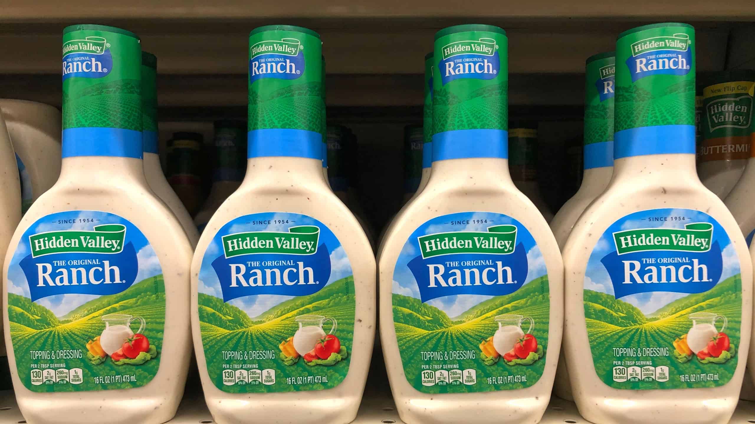 Alameda, CA - Feb 19, 2020: Grocery store shelf with bottles of creamy Ranch flavor salad dressing.