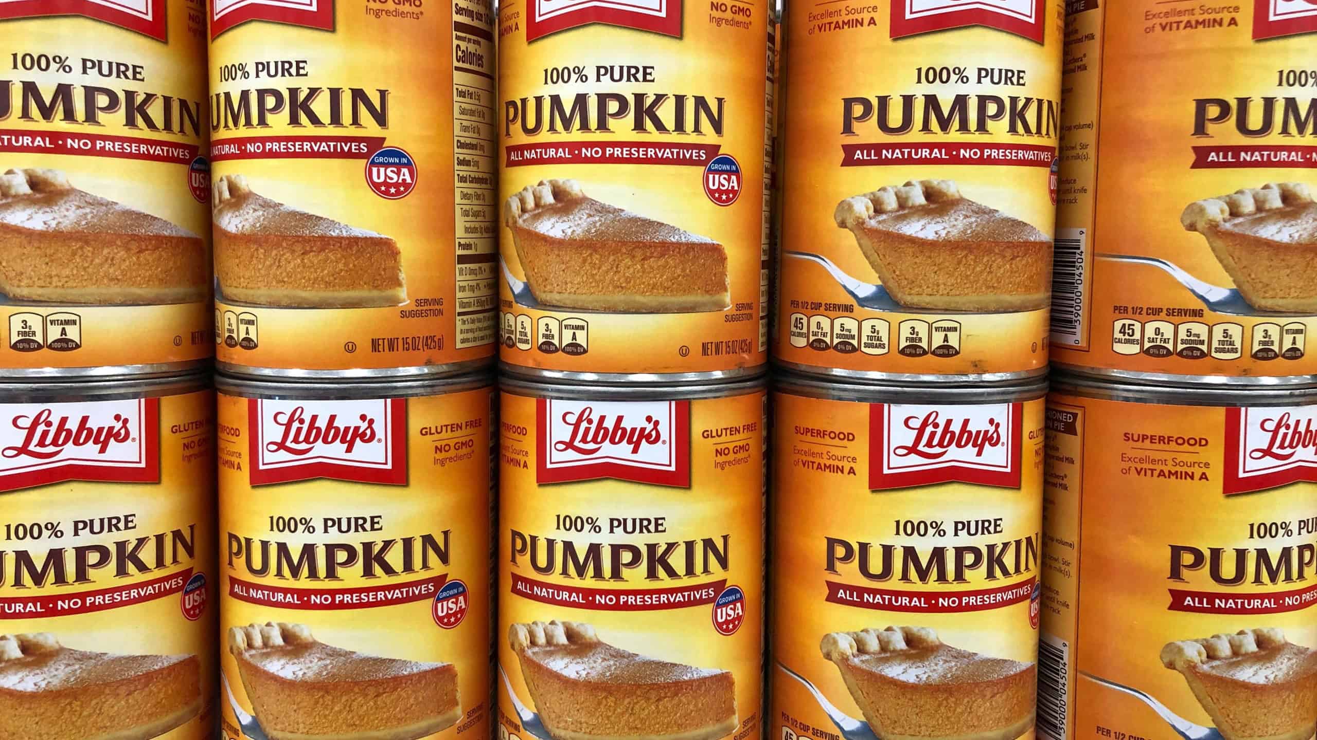 Alameda, CA - Nov 8, 2020: Grocery store shelf with cans of Libby brand pure pumpkin puree. All natural. Ready for upcoming Thanksgiving and Christmas holiday pumpkin pie baking.