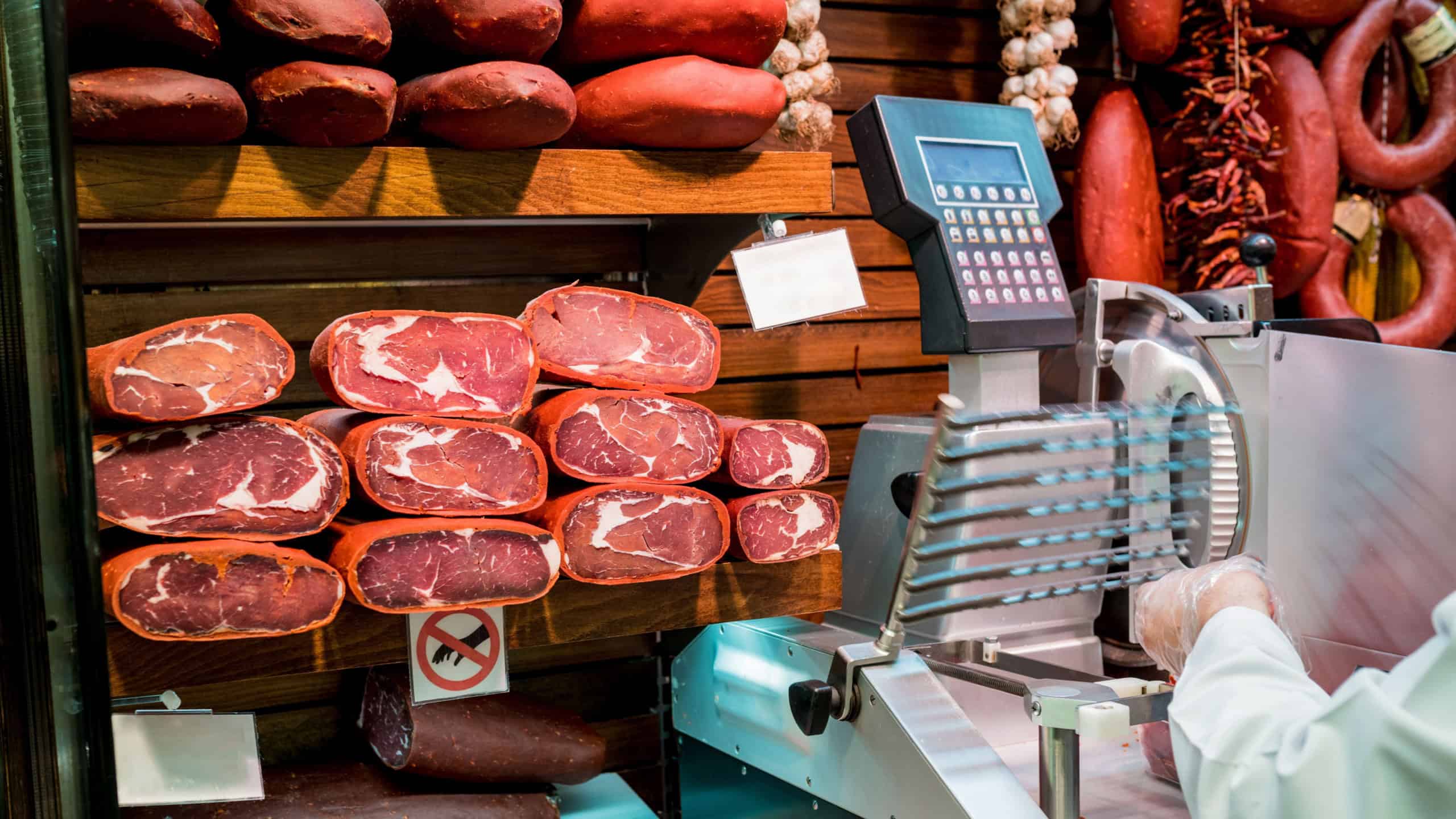 Close up of pastirma beef at street Grand market in Turkey, meat delicious basturma at Egyptian Bazaar, Istanbul.