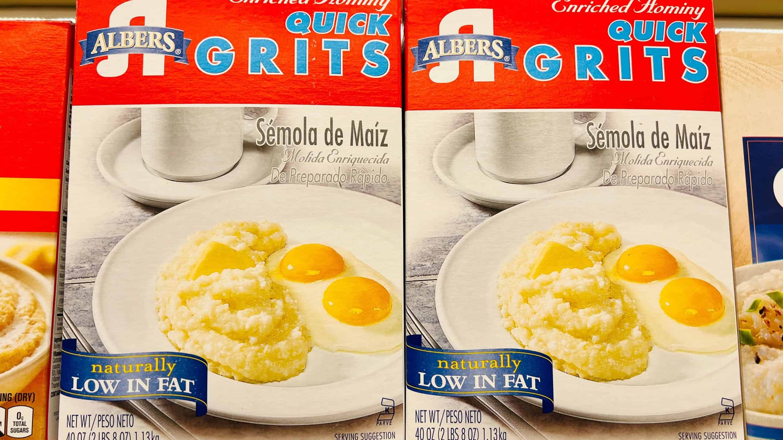 San Jose, CA - May 23, 2022: Boxes of Albers Quick Grits on top shelf inside a market.