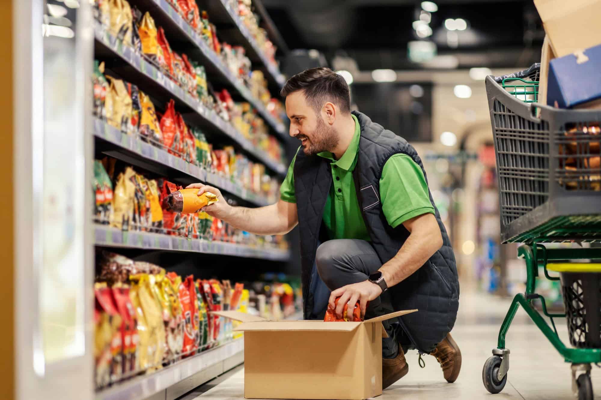A stock clerk is arranging products on shelves at the supermarket.