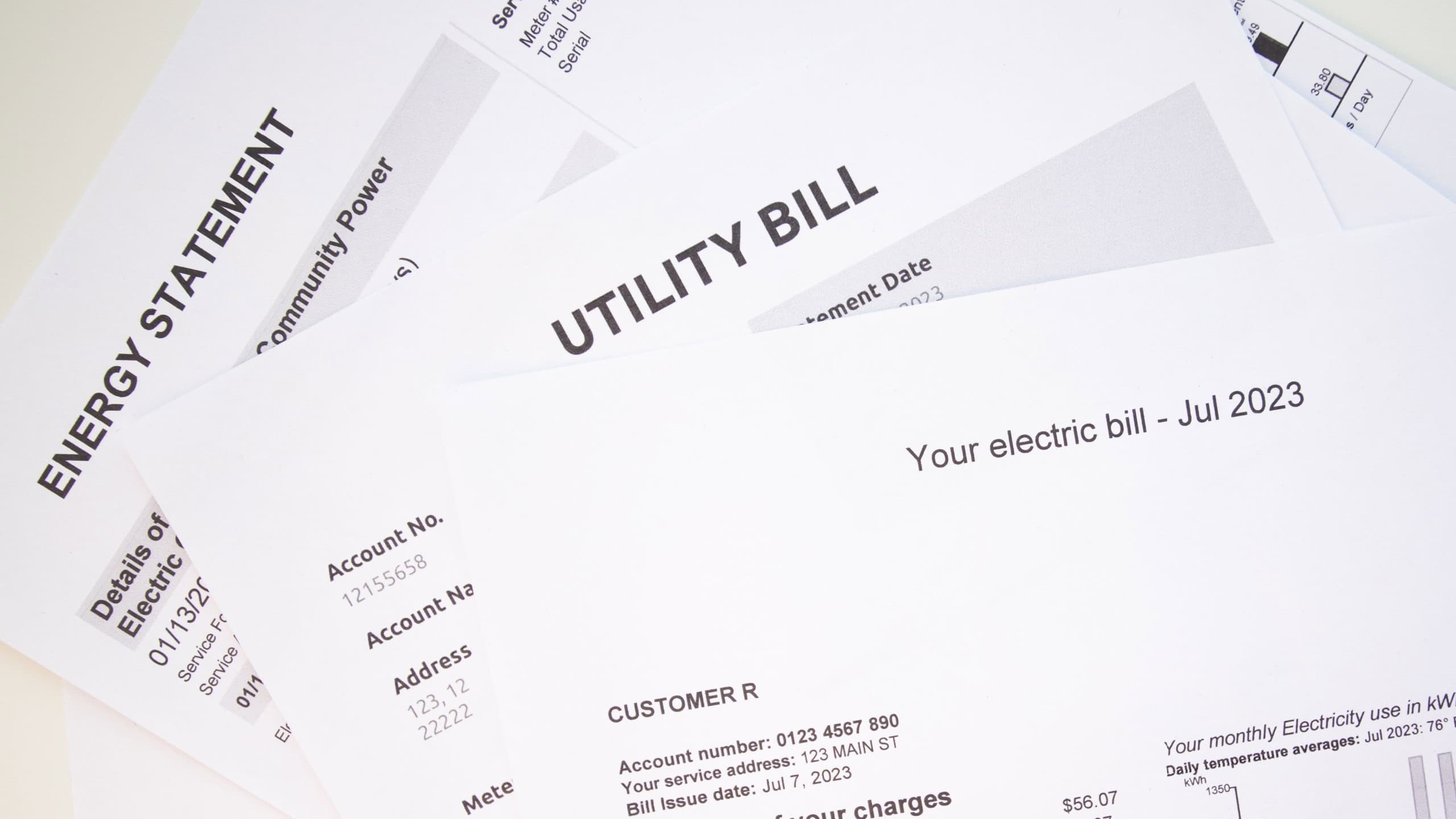 Home utility bill, Invoice for electricity and gas usage