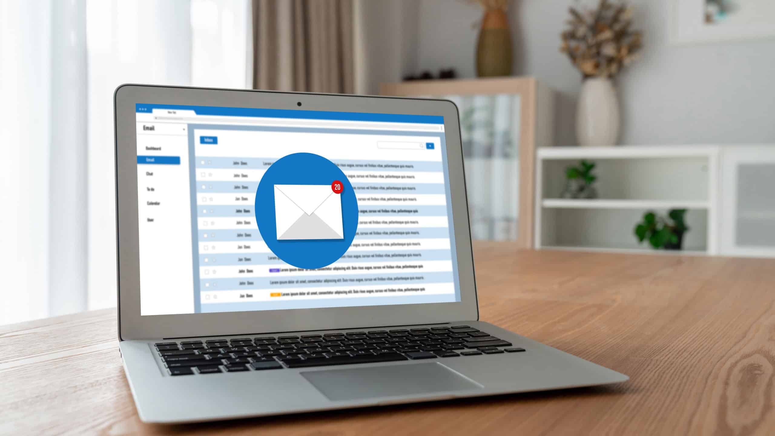 Email notification message showing on computer screen snugly. Digital marketing message information text from business to customer client
