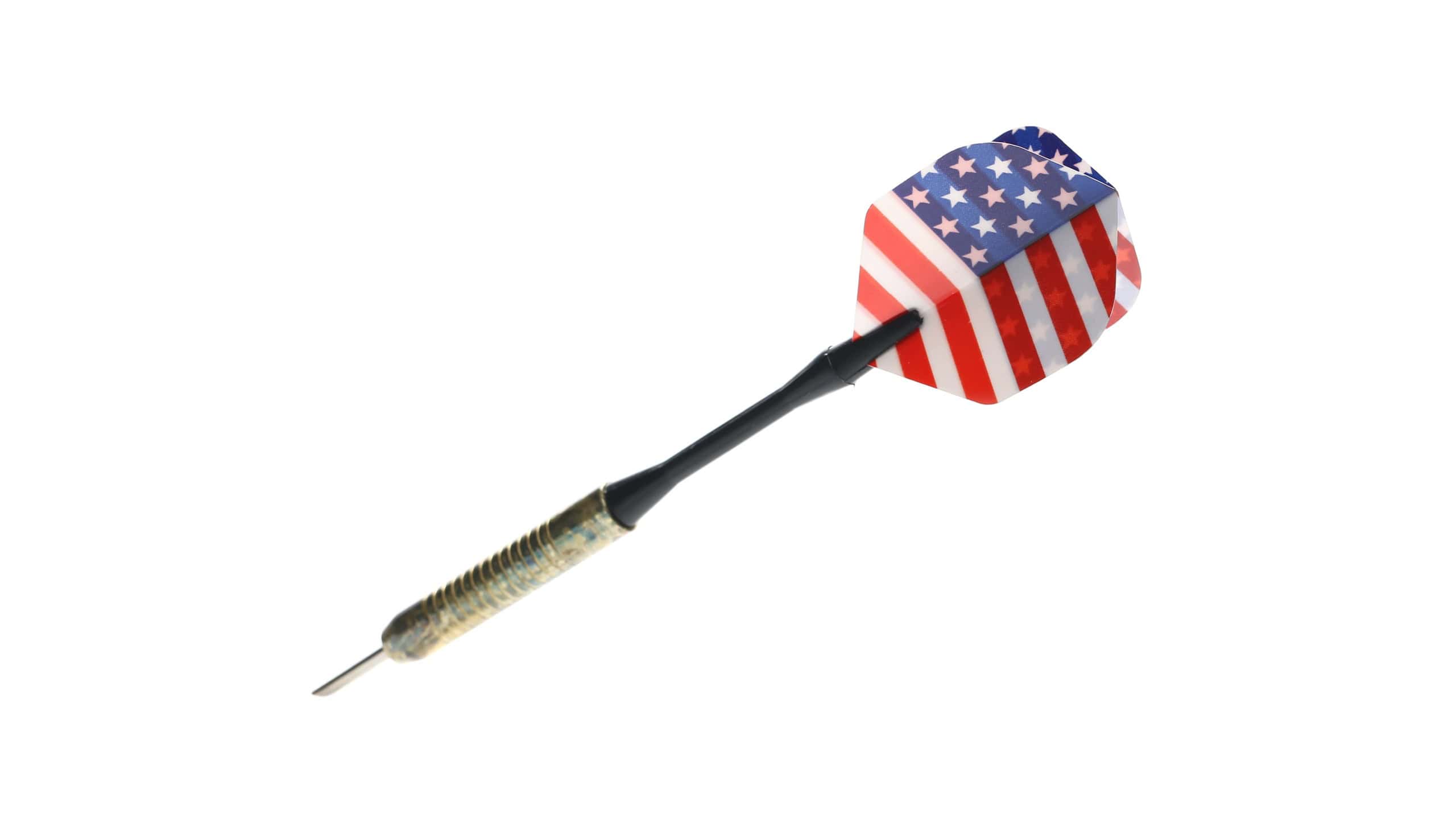 Throwing dart with American flag isolated on white background