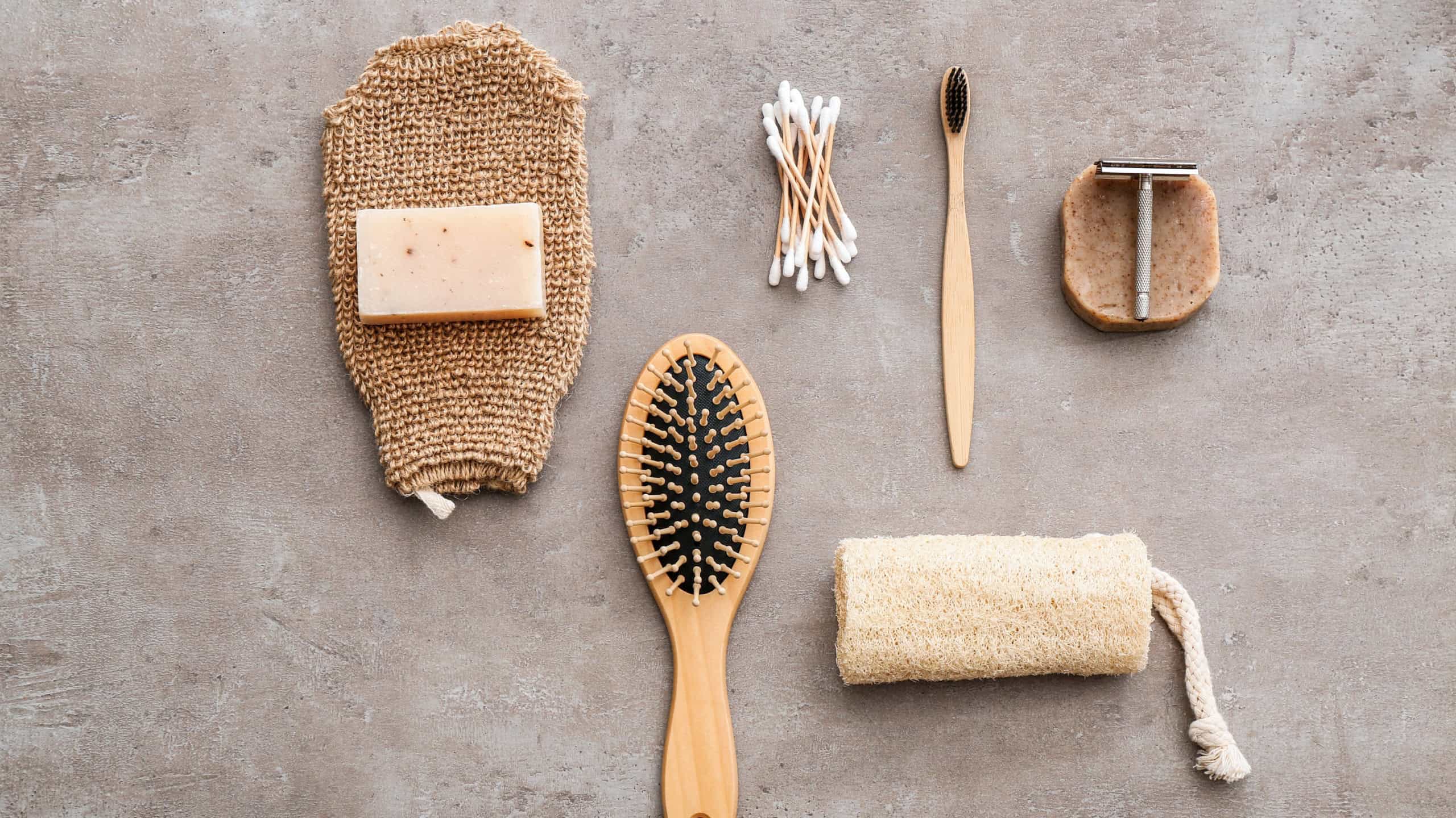 Natural bath accessories on grey background. Zero waste concept