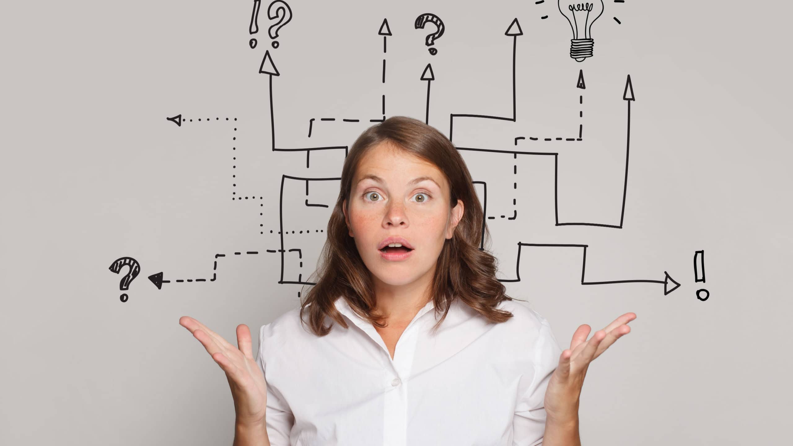 Shocked surprised brunette woman with labyrinth, light bulb above her head. Idea, brainstorming, business stratgy, thinking concept